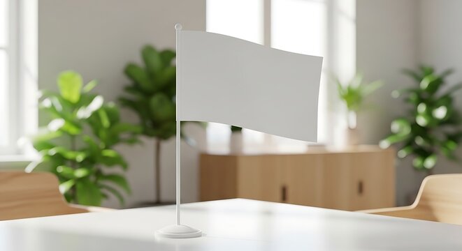 Blank white flag mockup on a table in a bright room with plants and furniture.