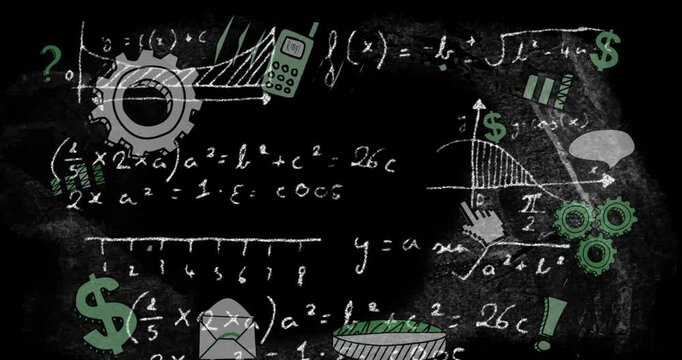 Animation of icons, graphs and mathematical equations against abstract background