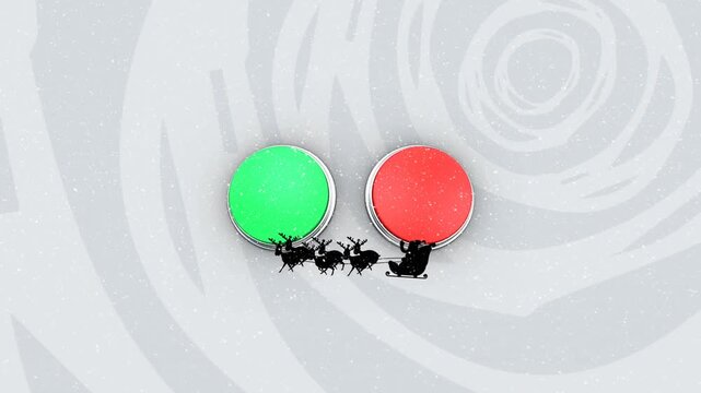Animation of snow over santa claus in sleigh being pulled by reindeers against red and green button