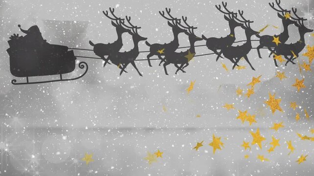 A black silhouette of santa claus in a sleigh being pulled by reindeers against a white background