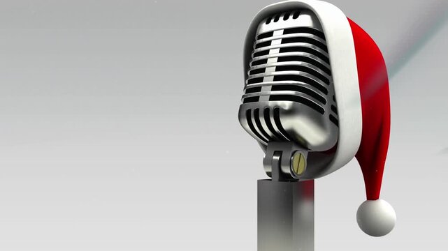 Animation of santa hat on microphone against black background