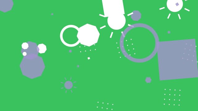 Animated colorful hipster memphis style geometric shapes rotating on a green background