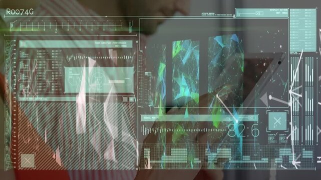 Animation of interface with data processing over caucasian couple using digital tablet at home