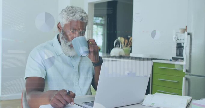 Animation of statistical data processing over african american man drinking coffee and using laptop