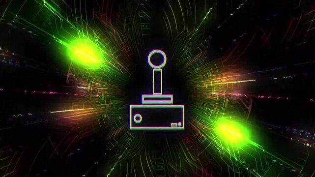 A rotating animation of yellow, green, and red rays with a glowing pattern on a black background