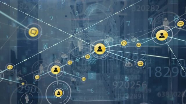 Animation of connected profile icons over texts, numbers, letter and symbols on server room