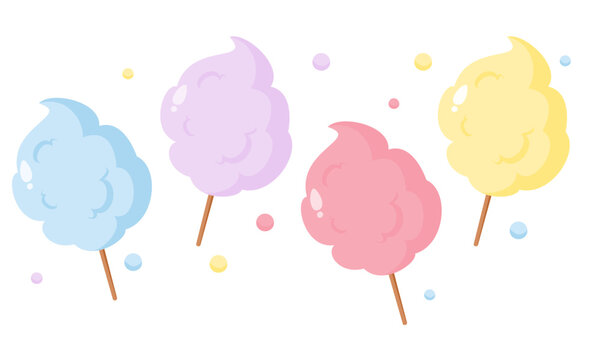 Cute candy floss cartoon image. Sweet vector illustration. Colorful cotton candy variation set