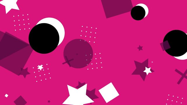 Dynamic motion graphics with a colorful hipster memphis style on a pink background