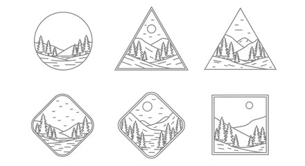 Fototapeta premium Minimalist mountain landscape emblems in various geometric shapes black and white