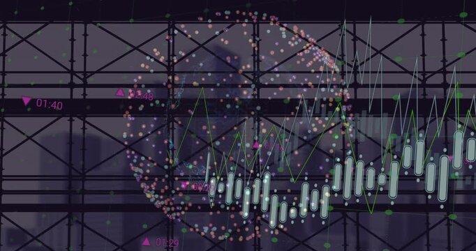 Animation of data processing over scaffolding against spinning globe and cityscape