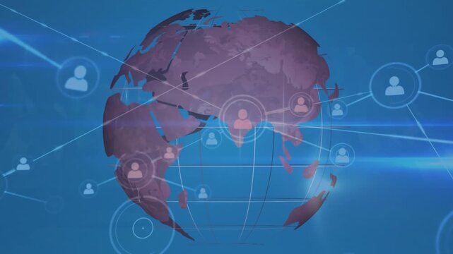 Animation of connected icons, lens flares, grid pattern rotating globe over blue background
