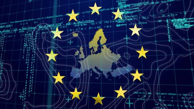 Animation of spinning stars on eu map over data processing and topography on blue background