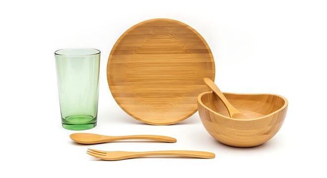 Bamboo eco friendly dinnerware set with wooden utensils and green glass