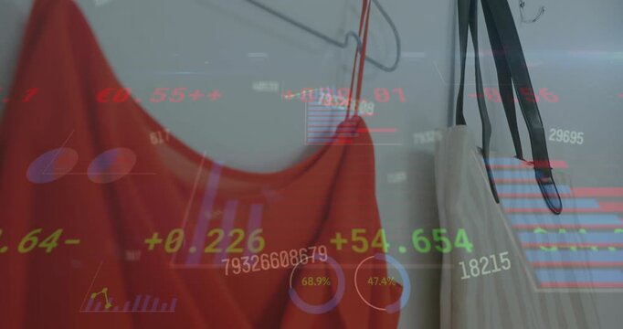 Animation of changing numbers, graphs, trading board over cloth on hanger and bag hanged on hook