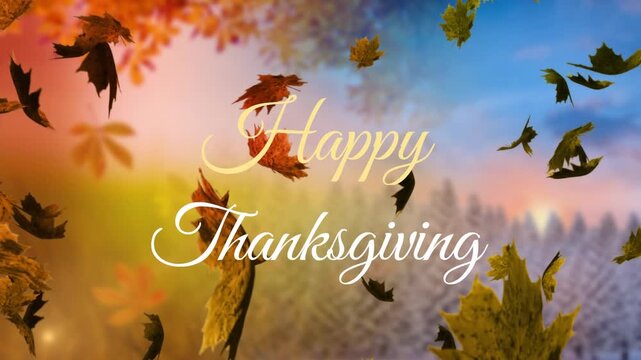 Animation of happy thanksgiving text with maple leaves flying against scenic view of forest