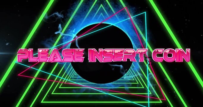 Animation of please insert coin text over neon pattern