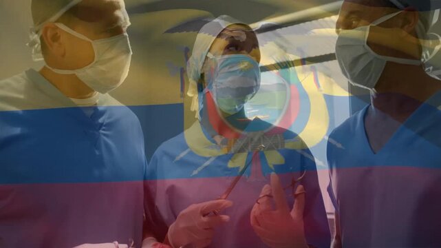 Medical female surgeon initiating forceps exchange under surgical light while team confirming plan