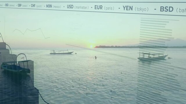 Shifting currency label animating bars on dawn bay with swimmer paddling for showing market trends