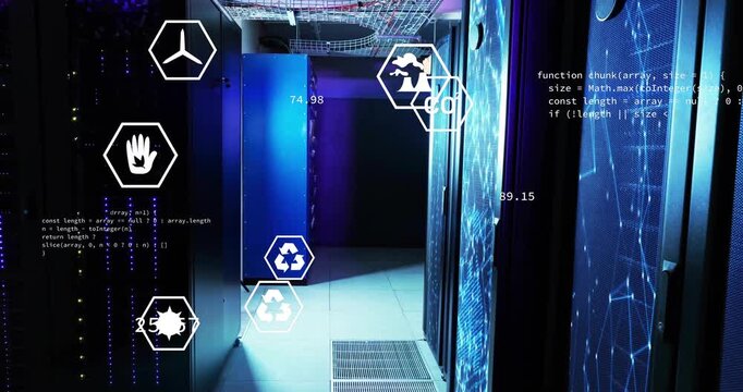 Server corridor starting icons popping and clustering illustrating eco metrics overlaying cabinets