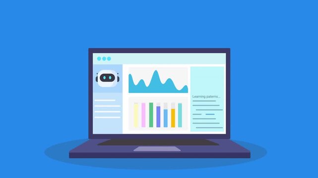 Animated video of a laptop displaying a data dashboard with charts and a chatbot interface, representing automation, analytics, and digital business communication in a clean flat design style.