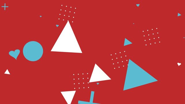 Vibrant background featuring colorful hipster memphis style geometric shapes and hearts