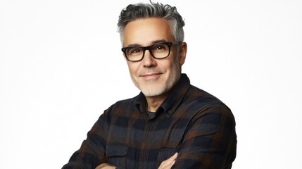 Fototapeta premium Mid-adult man, smiling, wearing glasses and plaid shirt