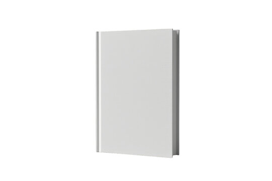 Blank hardcover book standing upright showing cover and spine, white mockup template on transparent background