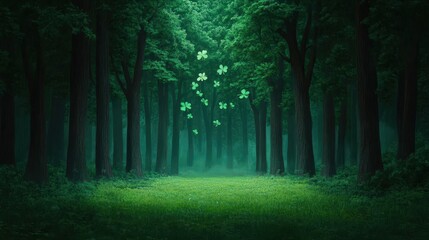Fototapeta premium A glowing forest clearing with clover leaves floating in the air under tall, dark trees.