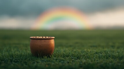Fototapeta premium A clay pot filled with coins sits on grass, with a vibrant rainbow arching in the blurred background.