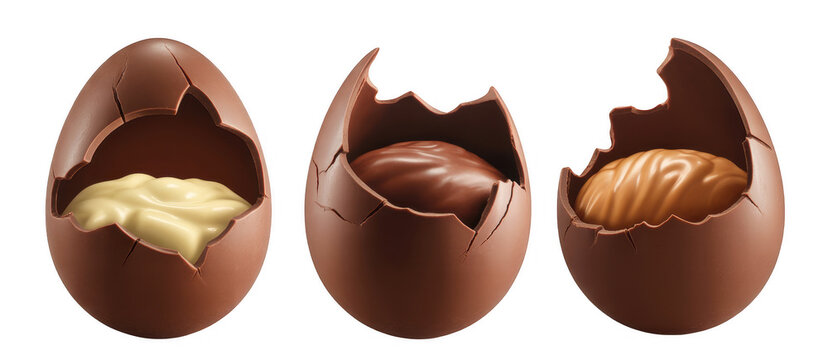 Three chocolate easter eggs with different fillings candy isolated on a transparent background