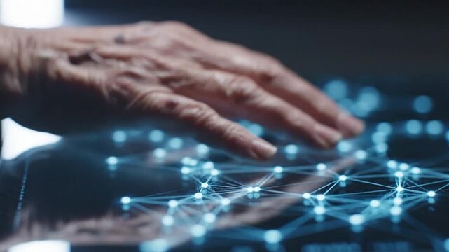 Close Up of Human Hand Interacting with Digital Network Connections and Data Flow Visualization Representing Technology Innovation and Future Interface