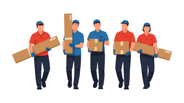 Delivery Team in Action: A group of delivery personnel efficiently transport boxes, showcasing teamwork and logistics in a service-oriented setting.
