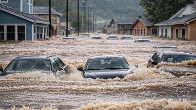 A flash flood rages through a small town, with torrential waters overflowing rivers and sweeping away everything in its path.
