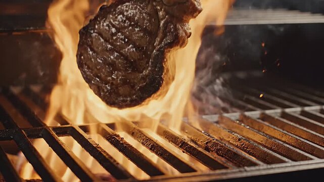 Close-up of a thick steak being grilled over open flames with glowing embers