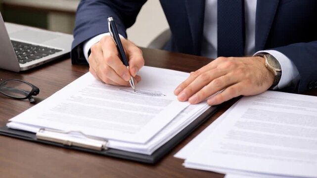 Faceless businessman reviewing singing document reports at office workplace. 


