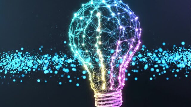 Digital Light Bulb with Neural Network Connections and Glowing Data Particles, Innovation, AI Technology. Glowing light bulb