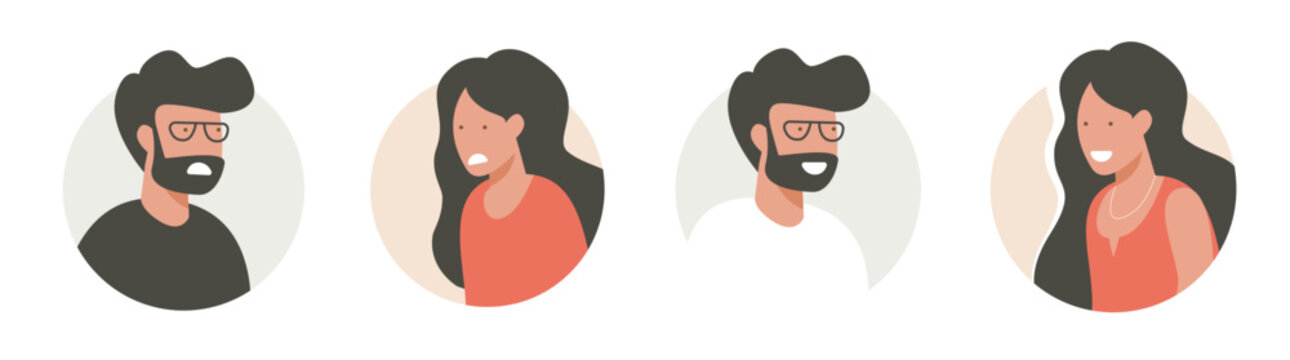 User account profile avatar icon vector with man woman face emotion sad happy modern drawn doodle graphic illustration set, male female female characters persons people satisfaction review feedback
