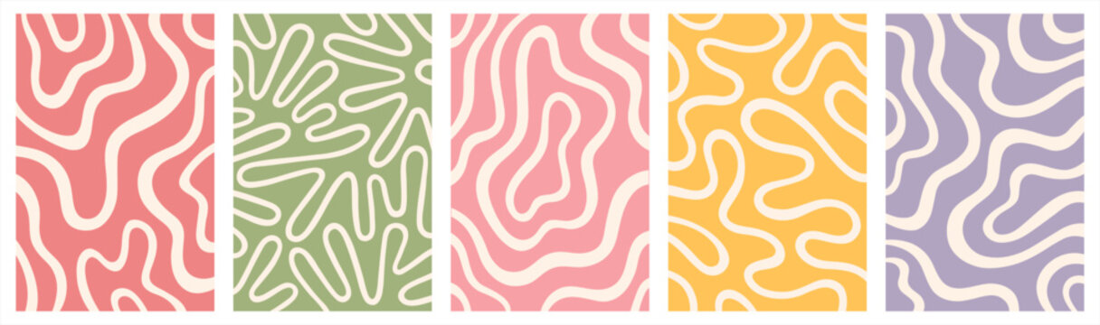 Abstract backgrounds set. Twisted continuous lines curved wiggling stripes waves. Liquid retro groovy hippie patterns collection. Doodle uneven hand drawn wavy organic winding lines	