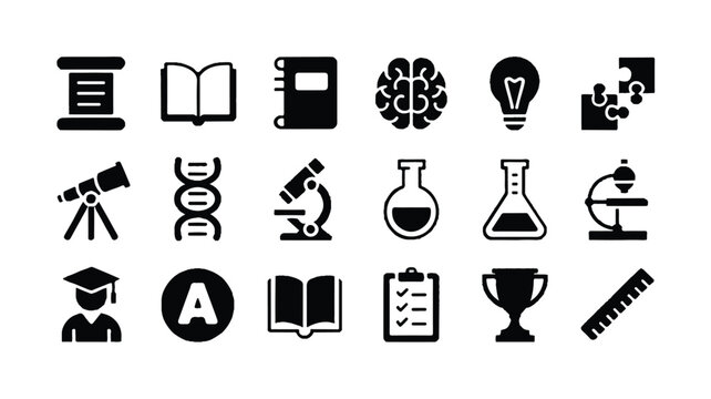 education learning icons set with books and science tools