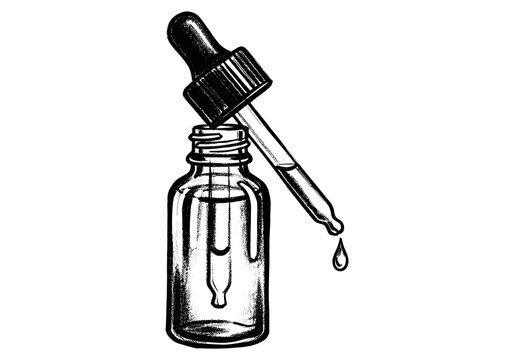 Hand drawn illustration of a glass dropper bottle with liquid dripping from the pipette