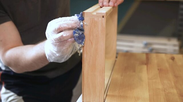 Master carpenter, Applying natural oil on natural wood product. Hand applying wood protection oil on boards with rags. Hand applying wood protection piece in gold color with rags, indor.