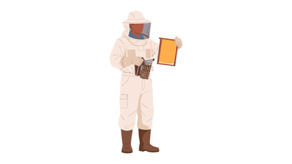 Beekeeper at Work: A beekeeper, in protective gear, stands holding a frame of honeycomb and a smoker. Embracing the essence of nature's sweet labor. © azizunnahar