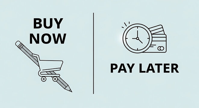 Buy now pay later illustration with shopping cart and clock on blue background