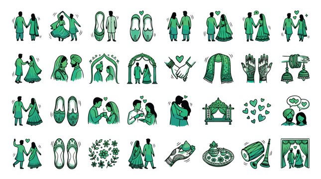 Indian Wedding Illustrations in Hand-Drawn Style. A collection of South Asian marriage icons, including couple, mehndi, dhol, kalash, jutti, mandap, bangles, henna
