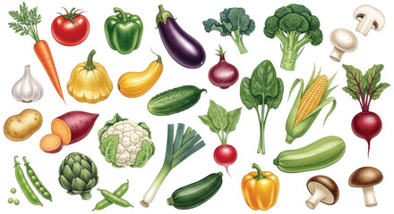 Fototapeta premium Watercolor Vegetable Collection Set, Fresh Organic Garden Produce Illustration Isolated