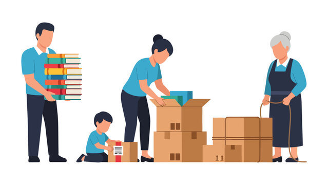 New Beginning: A family, together in a new chapter, unboxes their lives, symbolising relocation and fresh beginnings. Together, their story begins.