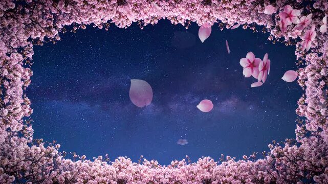  cherry blossom；Night Sakura Frame with Starry Sky and Falling Petals Copy Space