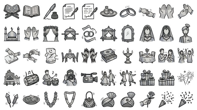 Muslim Wedding Icon Set in Hand-Drawn Doodle Style. A collection of Islamic marriage ceremony linear icons, including Nikah, Quran, rings, Mehndi, bride, groom, mosque, Palki