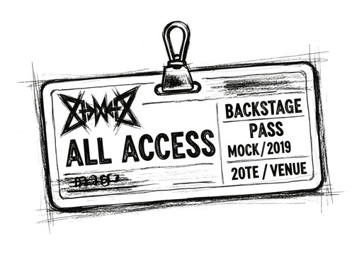 Hand drawn all access backstage pass with a punk rock aesthetic