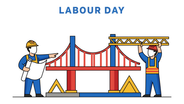 Labor Day Construction: Two construction workers collaborate, constructing a bridge to celebrate Labor Day. This illustration embodies the spirit of Labor Day with a bridge concept.